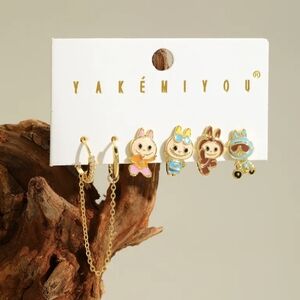 14K Gold Plated Labubu Theme Huggie Hoop Dangle & Stud Mismatched Set